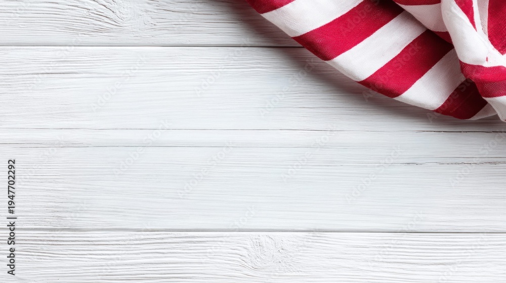 Obraz premium Red and white striped fabric draped over a white wooden background, top right corner