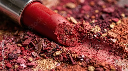 Close-up of a red lipstick with crushed makeup powder.