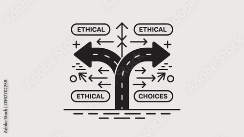 A black and white illustration of a road fork with multiple arrows and the words 'ethical' and 'choices' around it.