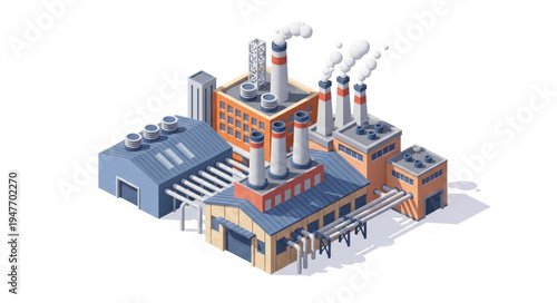 Industrial Factory Building with Smokestacks Emitting Smoke.