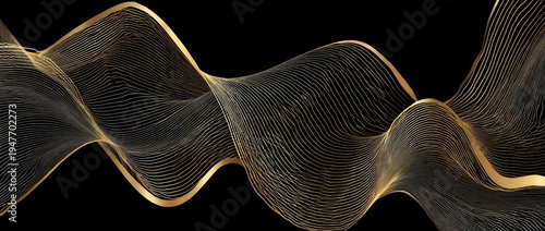 Gold wave design on black background, abstract art. Elegant, flowing lines
