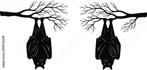 Set of black bat silhouettes hanging upside down from tree branches isolated on white background, spooky animal icons for Halloween design