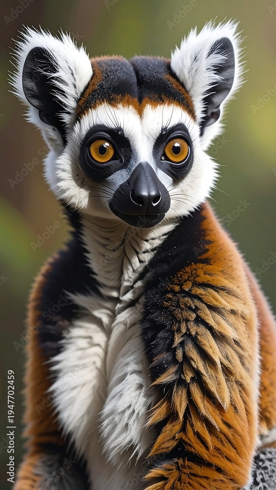 Fototapeta premium A close-up portrait of a ring-tailed lemur, showcasing its distinct black and white striped tail and curious eyes. Bokeh background