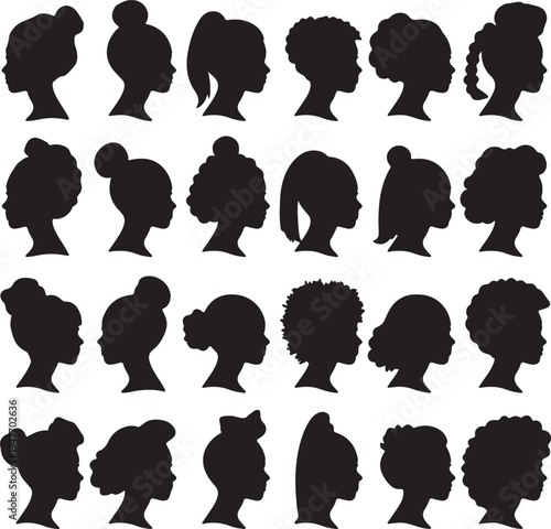 Diverse silhouettes of various hairstyles and headwear in black and white