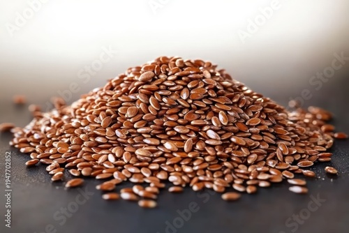 Close-up of a glossy brown flax seed pile on a dark surface, an earthy warm display of tiny edible seeds