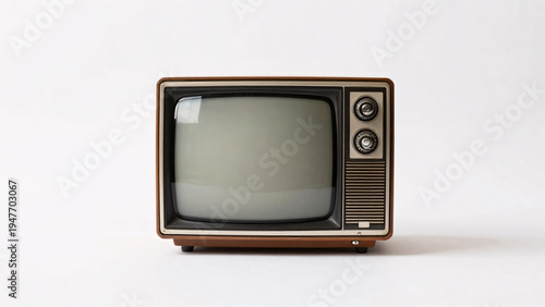 A classic retro television set featuring a brown wood-grain cabinet, dual manual tuning knobs, and a curved screen is isolated on a clean white background, serving as a nostalgic template for media an