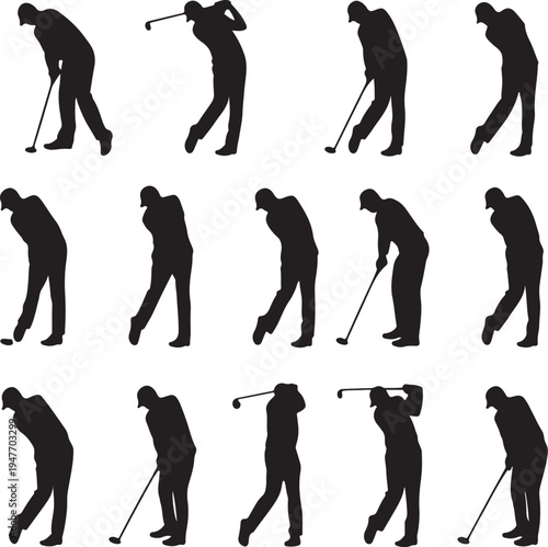 Sequential illustrations of a golfer demonstrating various swing techniques and postures