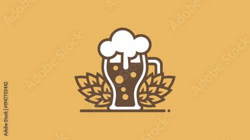 A graphic illustration of a beer mug with foam and hops on a yellow background