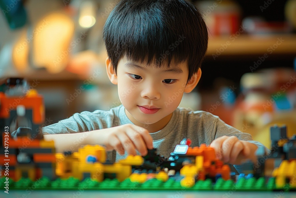 Fototapeta premium A child concentrates on building with colorful bricks on a green base plate at a table.