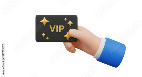 A 3d render of hand holding a black vip card with golden stars on transparent background