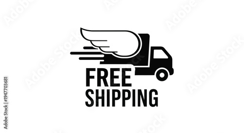 A black silhouette of a delivery truck with wings and free shipping