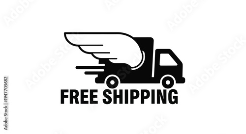 Black silhouette of a delivery truck with wings and free shipping text