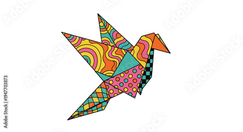 A colorful origami bird with intricate patterned wings is displayed