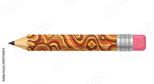 A brightly colored pencil with a swirling patterned exterior design