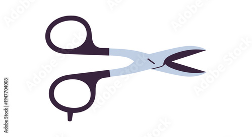A stylized illustration of a pair of open silver colored scissors