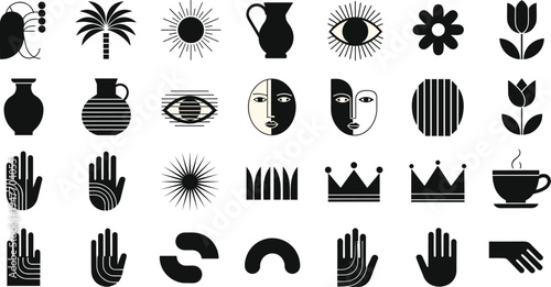 Abstract boho symbols icon set, sun eye hand crown vase flower geometric shapes vector collection for minimalist logo, branding, tattoo design