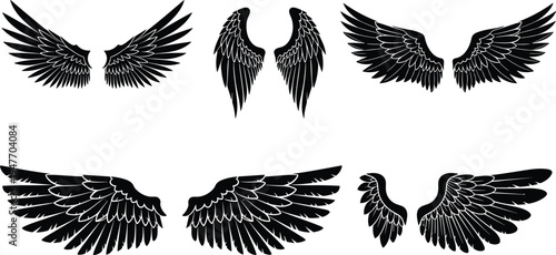 Angel wings silhouette collection, detailed bird and angel wing pairs spread vector illustration set isolated for tattoo, logo, fantasy design