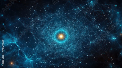 glowing blue network of interconnected nodes forming a spiral around a bright golden core, evoking futuristic wonder and cosmic mystery
