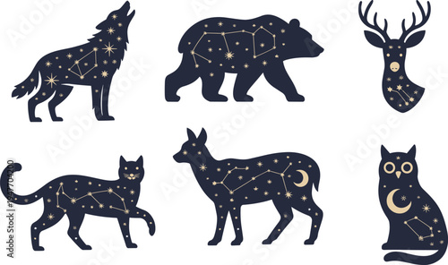 animal, constellation, silhouette, zodiac, wolf, bear, deer, cat, dog, owl, stars, astrology, galaxy, night, sky, cosmic, horoscope, symbol, wildlife, icon