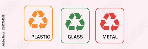 Recycling symbols paper plastic glass metal organic color coded vector