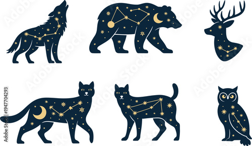 animal, constellation, zodiac, silhouette, wolf, bear, deer, cat, owl, stars, astrology, galaxy, night, sky, symbol, cosmic, horoscope, wildlife, icon, set