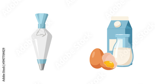 Baking ingredients including eggs milk carton and piping bag displayed