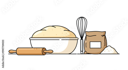 Baking ingredients including dough flour whisk and rolling pin illustration