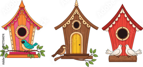 Colorful birdhouse set with birds wooden nesting houses garden decoration cute bird home spring nature vector illustration collection