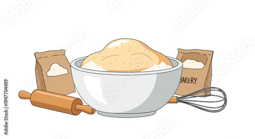Baking ingredients including flour a bowl whisk and rolling pin