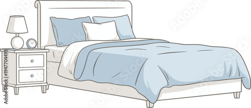 Bedroom interior with bed and bedside table illustration, modern home furniture scene, cozy sleeping room vector design