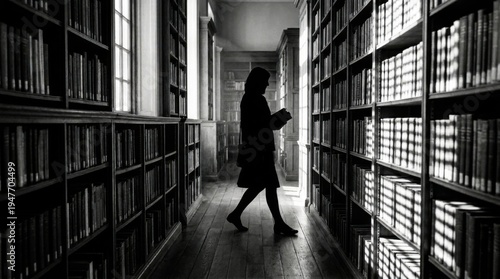 Silhouette of a person walking in a library surrounded by books.