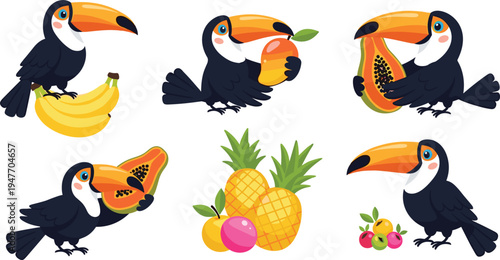 Cute toucan bird with tropical fruits vector set featuring banana, papaya, mango, pineapple and berries, colorful jungle wildlife cartoon illustration collection for children design