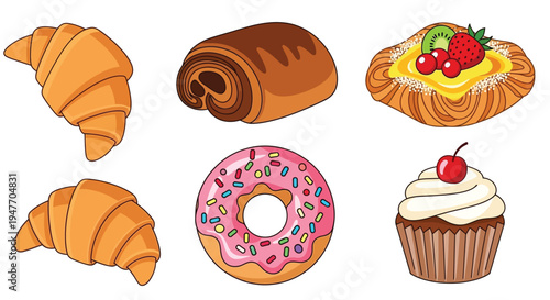 Assorted pastries including croissants donuts and fruit tarts displayed