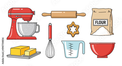Baking tools and ingredients arranged in a colorful illustrative composition