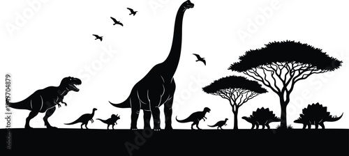 Dinosaur silhouette landscape scene, prehistoric animals with trees and flying pterosaurs vector illustration set for Jurassic wildlife, nature background design