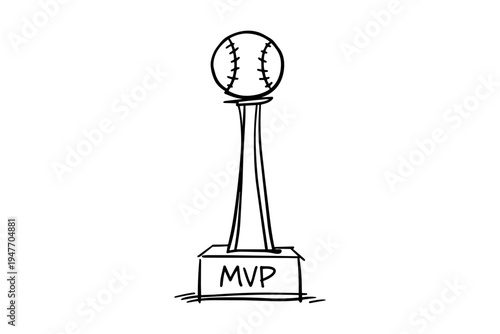 Hand Drawn Game Day Doodle of MVP Baseball Trophy Award on Stand Illustration Design