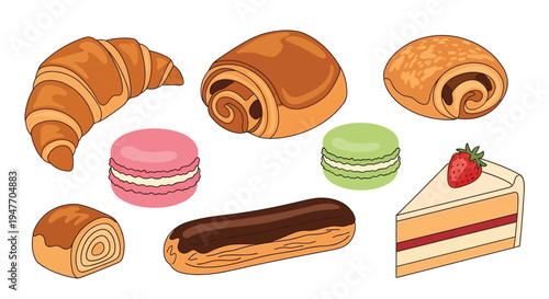 Assorted french pastries and desserts including croissants and macarons
