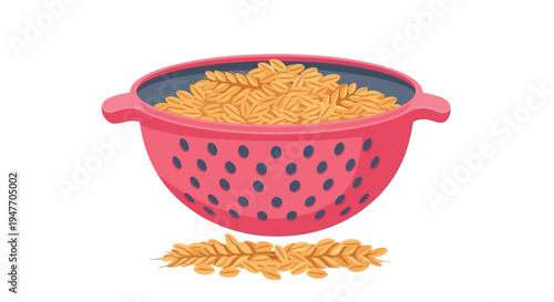 Pink colander filled with golden pasta with scattered pieces below