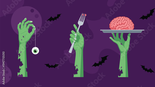 Spooky green zombie hands holding an eyeball a fork and a brain on a silver platter for a macabre Halloween dinner theme.