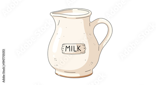 A vintage style milk pitcher with a decorative label illustration