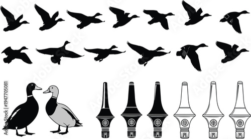 Duck silhouette collection vector illustration, flying ducks in various wing positions with standing duck pair isolated wildlife birds for hunting, nature and design