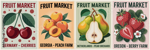 Brightly colored fruit market posters showcase vibrant produce. Cherries gleam beside Georgia peaches. Pears split open, revealing juicy interiors. Strawberries bloom beside delicate white blossoms