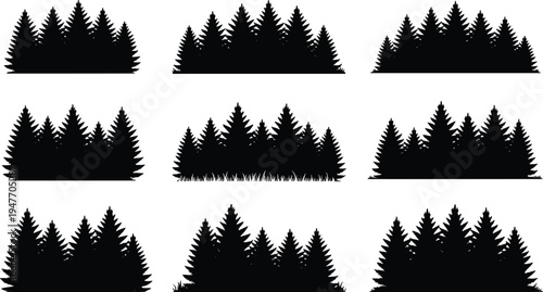 Black forest silhouette set, pine tree border collection, evergreen woodland clipart, nature landscape elements, isolated conifer tree line pack bundle