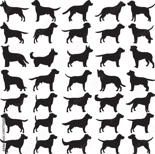 Diverse silhouettes of dogs in various poses and breeds