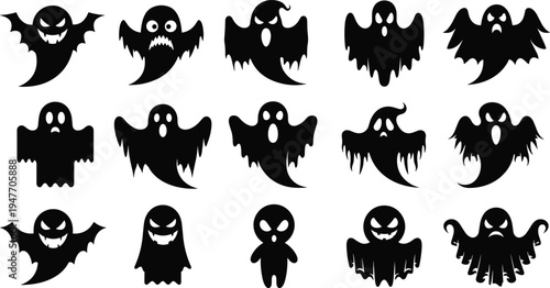 Halloween ghost silhouette vector set, spooky cartoon ghost characters flying scary spirits isolated black halloween icons collection for decoration, sticker, and design