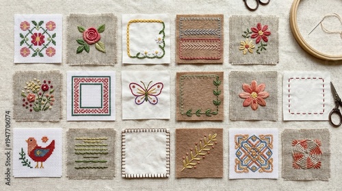 Embroidery sampler flat lay with small fabric swatches showing different hand embroidery and cross stitch patterns