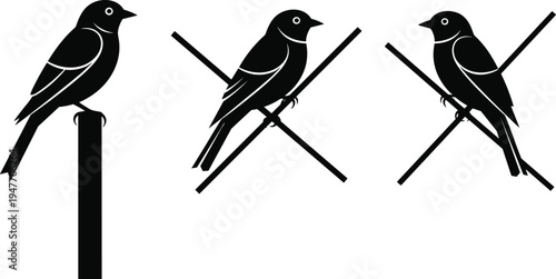 Perched songbird silhouette vector set, small bird sitting on branch and pole isolated for wildlife design, minimal nature logo icon collection
