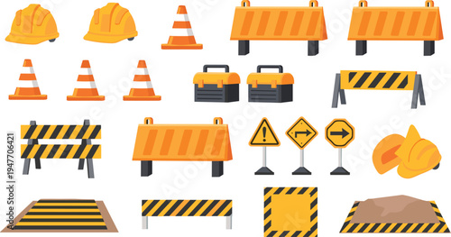 Construction safety equipment vector set with hard hats, traffic cones, warning barriers, road signs, toolboxes and hazard elements for roadwork, engineering and industrial safety design