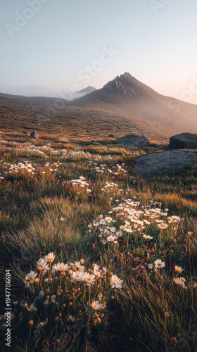 Sunrise mist over alpine meadow with vibrant wildflowers near rugged mountain ridge