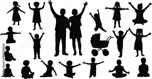 Children silhouettes collection kids playing jumping sitting happy childhood activities family baby stroller black silhouette vector illustration set.eps